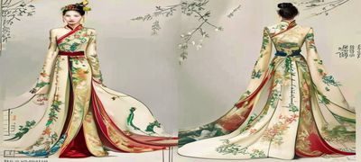 当代高定旗袍设计展示，以十景缎为主面料，金丝山水纹样在旗袍曲线上流光溢彩，模特气质典雅