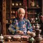 王宗远先生，非遗织造技艺传承人，在传统提花织机前展示十景缎织造手法，背景为苏州传统工坊