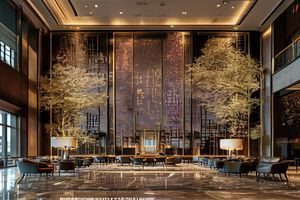 苏州某精品酒店大堂，以十景缎为主材的屏风装置成为空间视觉焦点，东方美学氛围浓郁