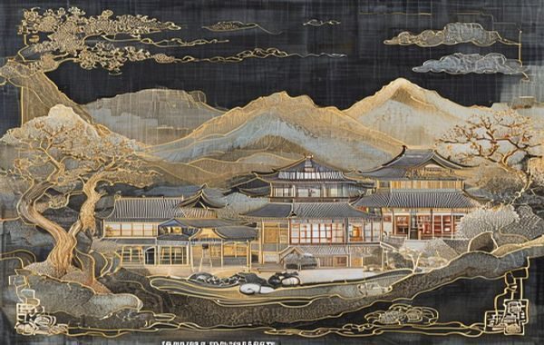 苏州织造工坊中一匹展开的十景缎，金丝与彩线交织出山水楼阁纹样，缎面光泽柔和内敛，呈现传统丝织工艺的极致之美