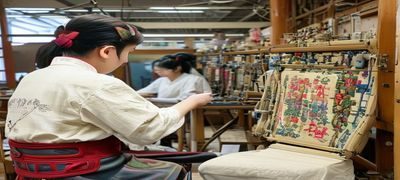 非遗传承人在工作坊向年轻学员传授十景缎织造技法，传统提花织机与现代数字设备并列，传承与创新并存
